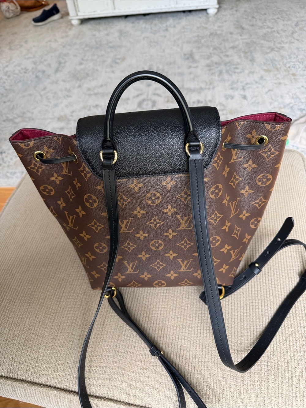 Louis Vuitton Brown Monogram Canvas Backpack with Black Flap and Red Interior - Picture 6 of 7